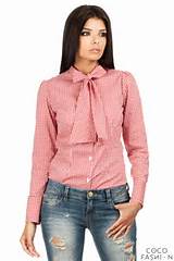 Red Pussy Bow Collar Pinstripe Girly Shirt