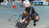 Stella Van Flashing In Pantyhose And Very Short Leather Skirt With No